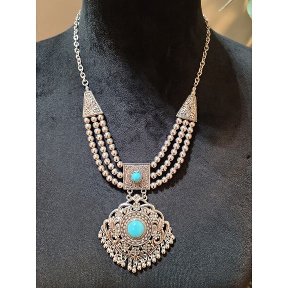 Women Antique Silver Multi-Strand Beaded Turquoise Inlay Ornate Filigree Pendant - Picture 2 of 7